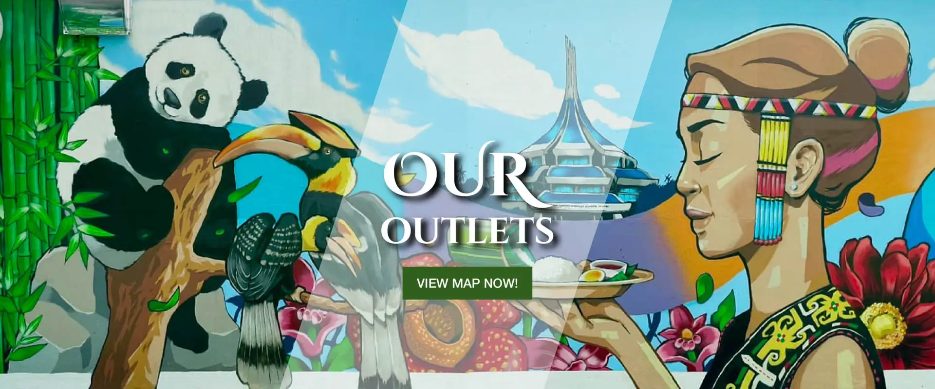 Colourful Malaysian cultural mural featuring a panda, hornbill bird, a traditional woman and local landmarks