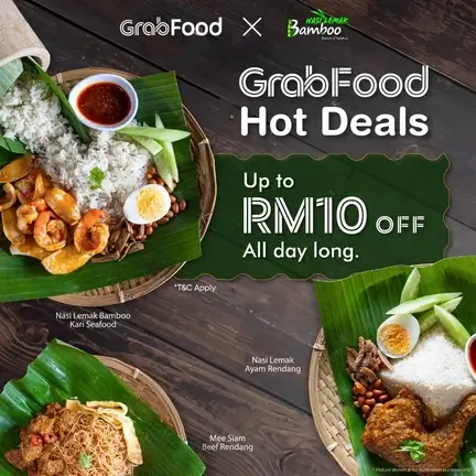 GrabFood promotional banner featuring Malaysian dishes with RM10 discount offer and Nasi Lemak Bamboo branding