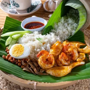 Nasi lemak Bamboo seafood with coconut rice, prawns, squid, boiled egg, peanut and fried anchovies on banana leaf