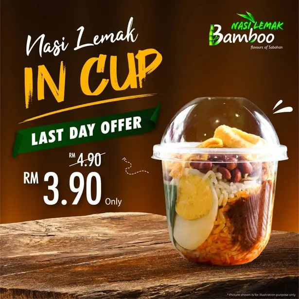 Nasi Lemak Bamboo promotional cup featuring coconut rice with egg and sambal at discounted RM3.90 price