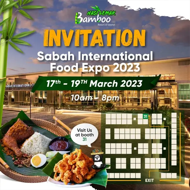 Food expo promotional banner showcasing Nasi Lemak Bamboo booth 31 with traditional Malaysian dishes display