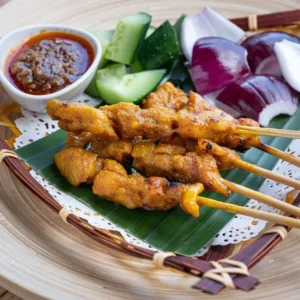 Satay ayam with grilled chicken skewers, peanut sauce, cucumber, and red onions on banana leaf